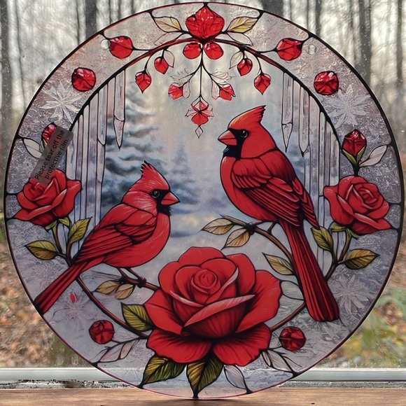 Acrylic Suncatcher Cardinal Bird Red Rose Anniversary Valentines Day Gift New - Picture 3 of 3